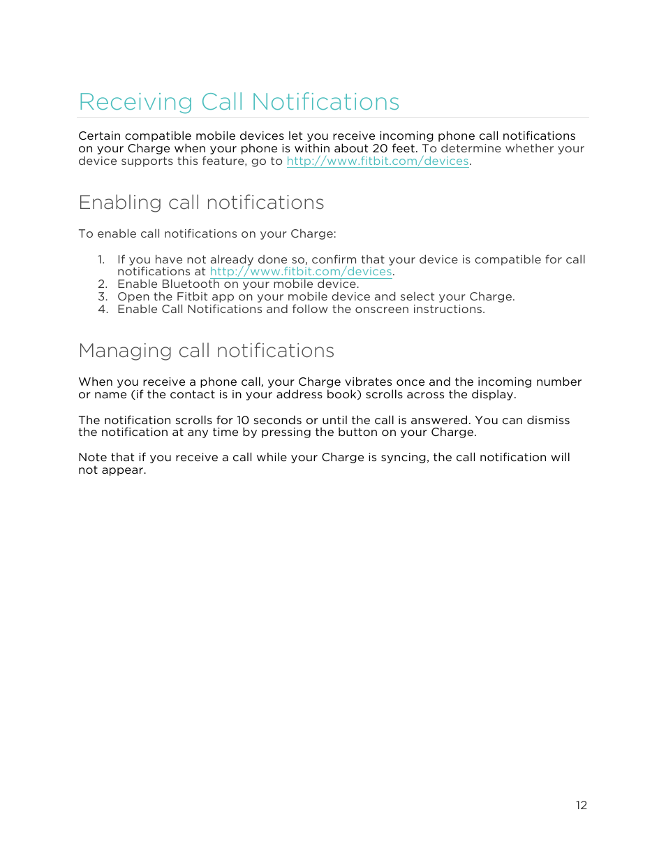R e c e iv in g c a ll n o t if ic a t io n s 2, Receiving call notifications, Enabling call notifications | Managing call notifications | Fitbit Charge User Manual | Page 16 / 30