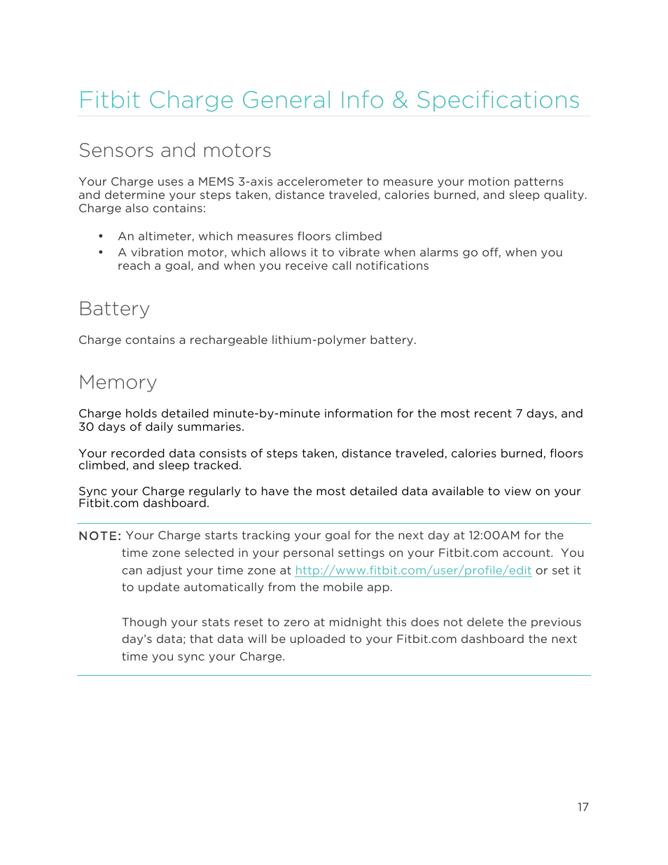 Fitbit charge general info & specifications, Sensors and motors, Battery | Fitbit Charge User Manual | Page 21 / 30