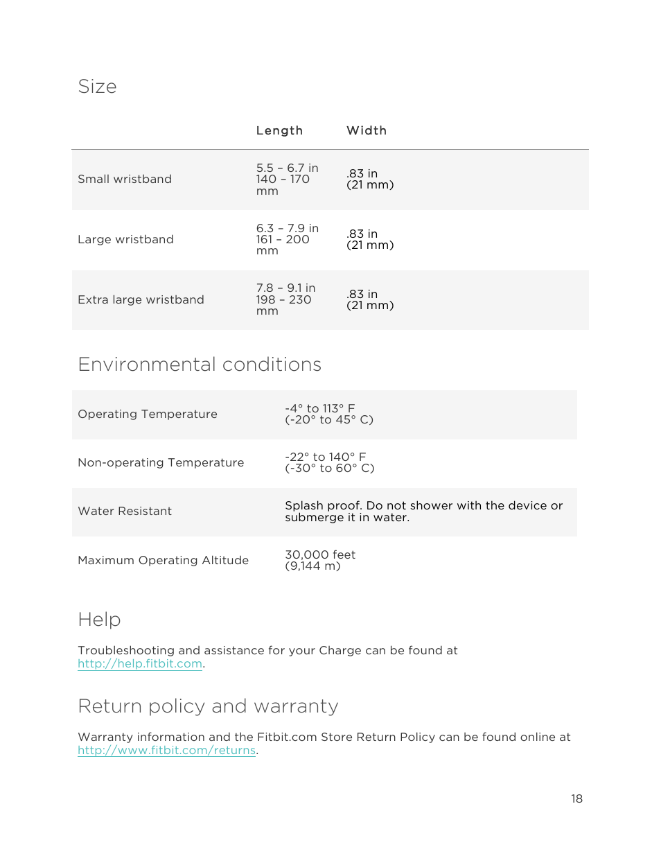 Size, Environmental conditions, Help | Return policy and warranty | Fitbit Charge User Manual | Page 22 / 30