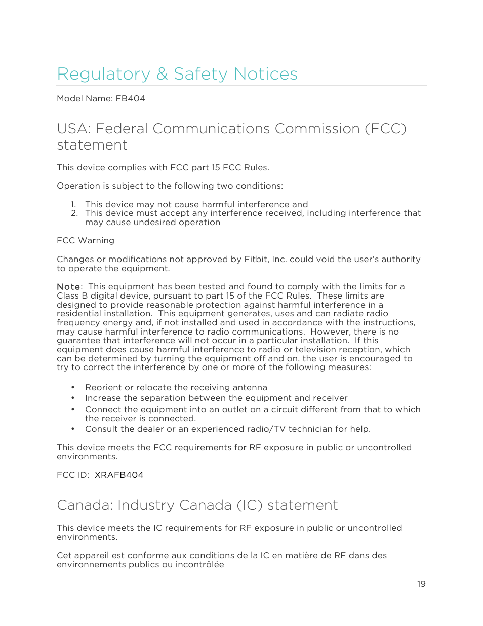 R e g u la t o r y & s a f e t y n o t ic e s 9, Regulatory & safety notices, Canada: industry canada (ic) statement | Fitbit Charge User Manual | Page 23 / 30