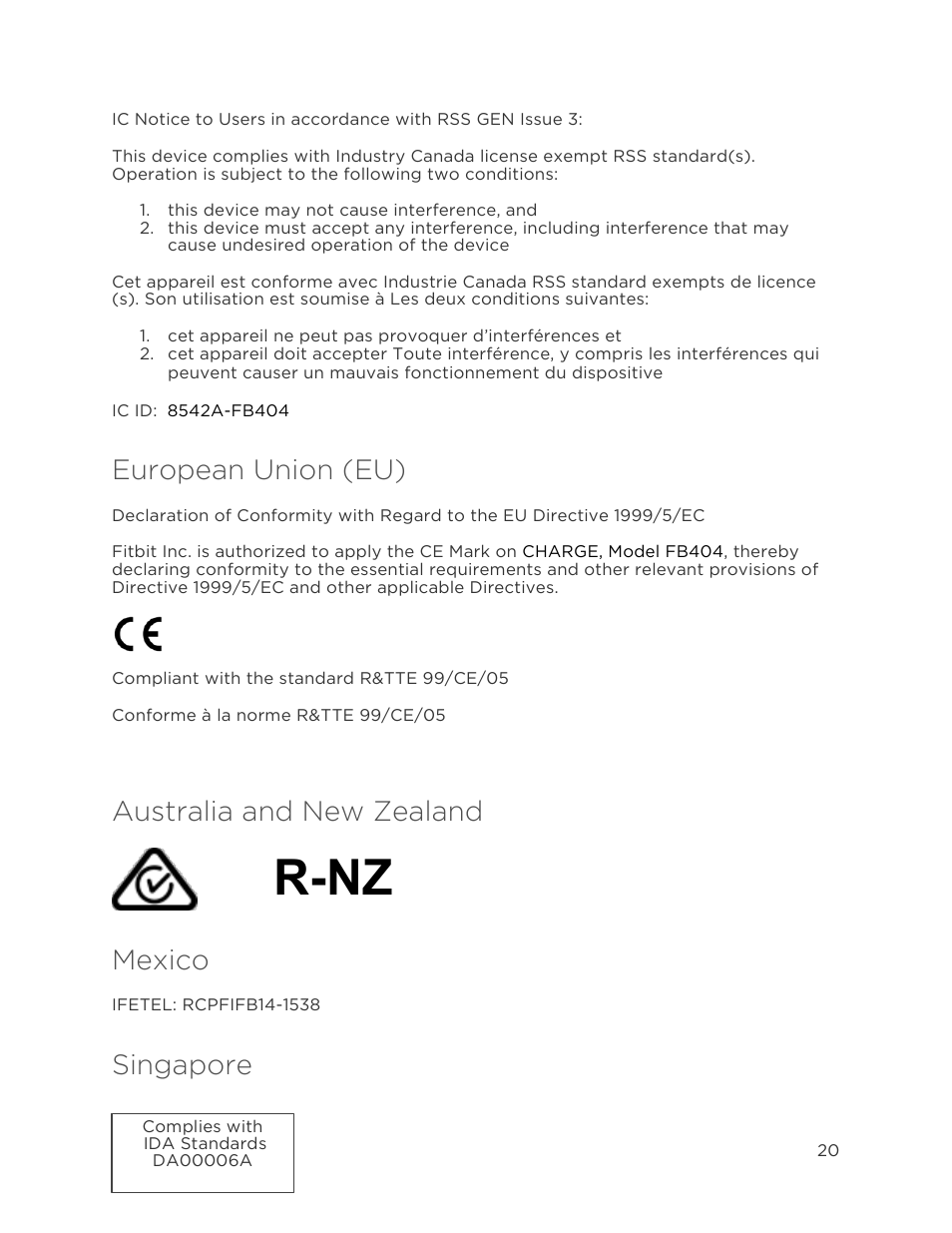 R-nz, European union (eu), Australia and new zealand | Mexico, Singapore | Fitbit Charge User Manual | Page 24 / 30