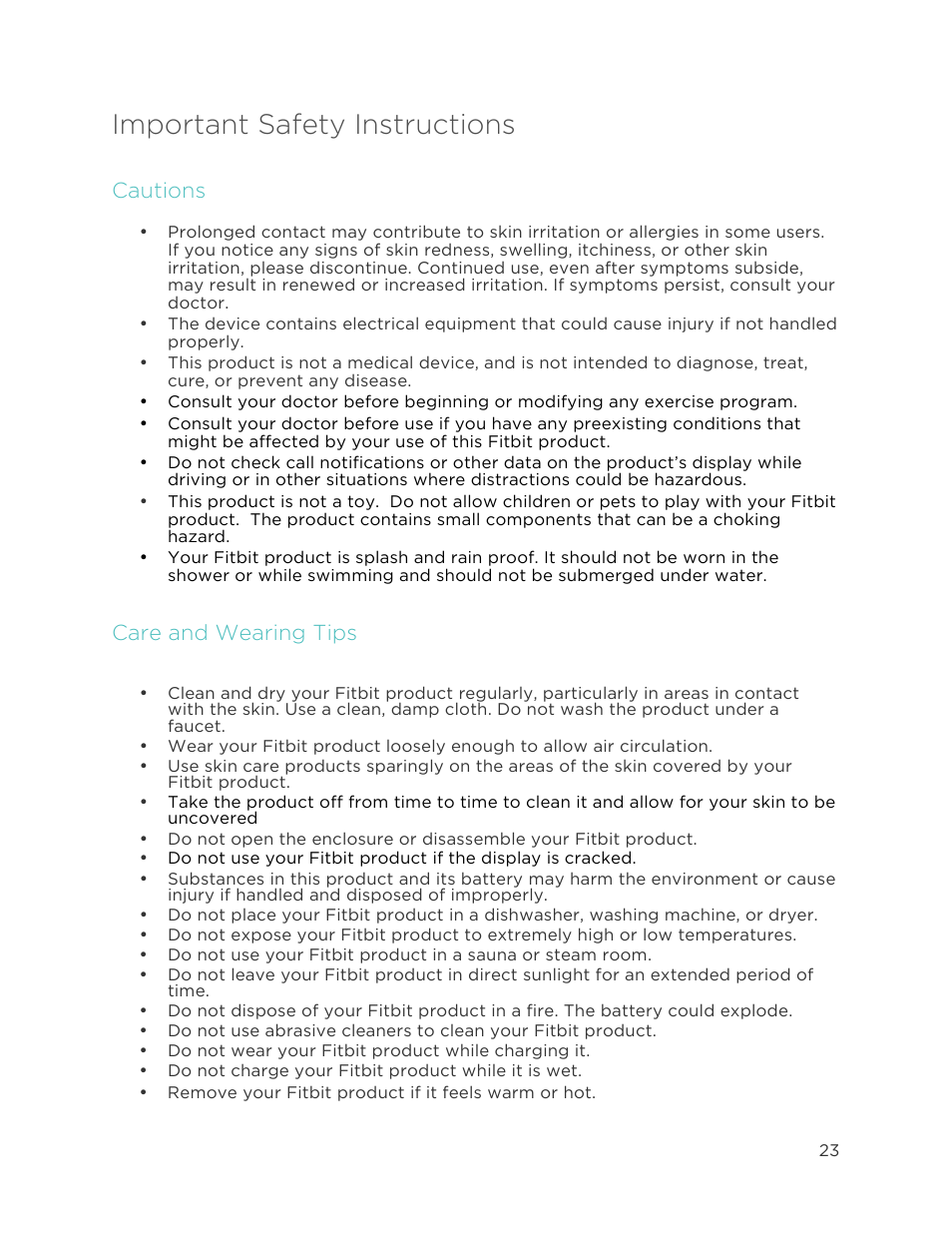 Important safety instructions, Cautions, Care and wearing tips | Fitbit Charge User Manual | Page 27 / 30