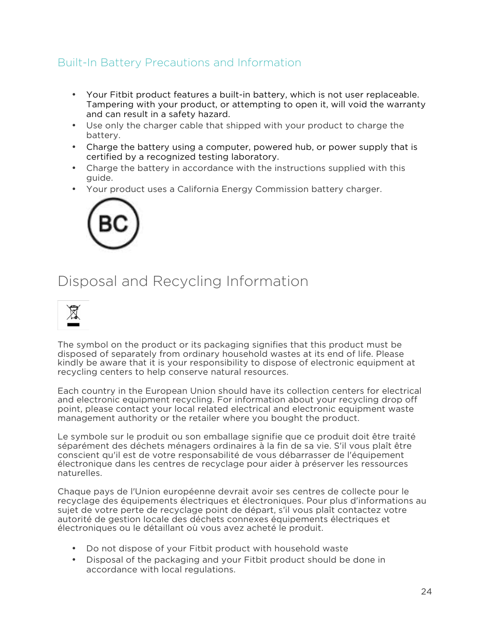 Disposal and recycling information, Built-in battery precautions and information | Fitbit Charge User Manual | Page 28 / 30