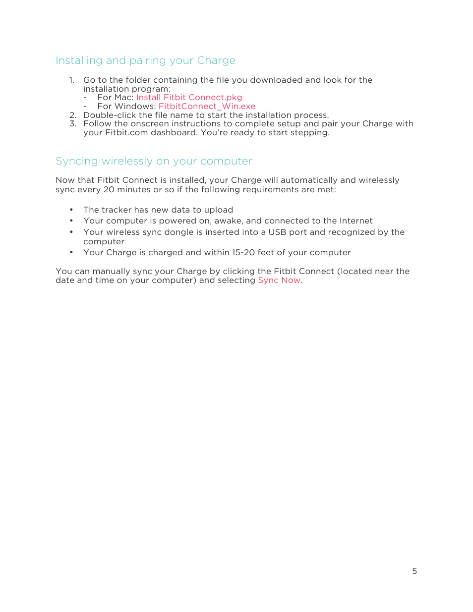Installing and pairing your charge, Syncing wirelessly on your computer | Fitbit Charge User Manual | Page 9 / 30