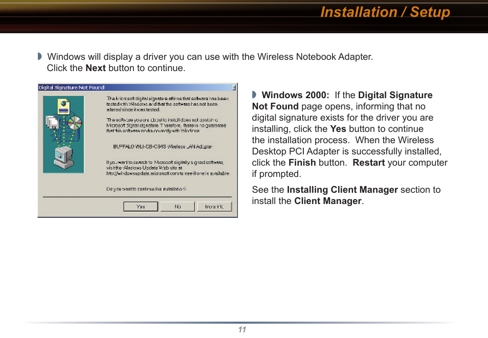 Installation / setup | Buffalo Technology WLI-CB-G54S User Manual | Page 11 / 40