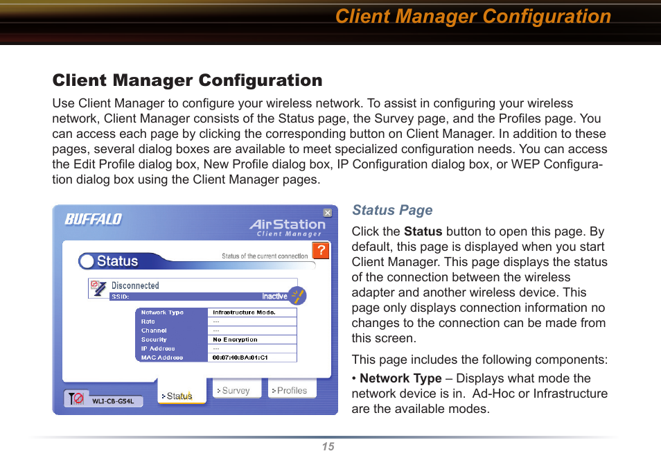 Client manager conﬁguration | Buffalo Technology WLI-CB-G54S User Manual | Page 15 / 40