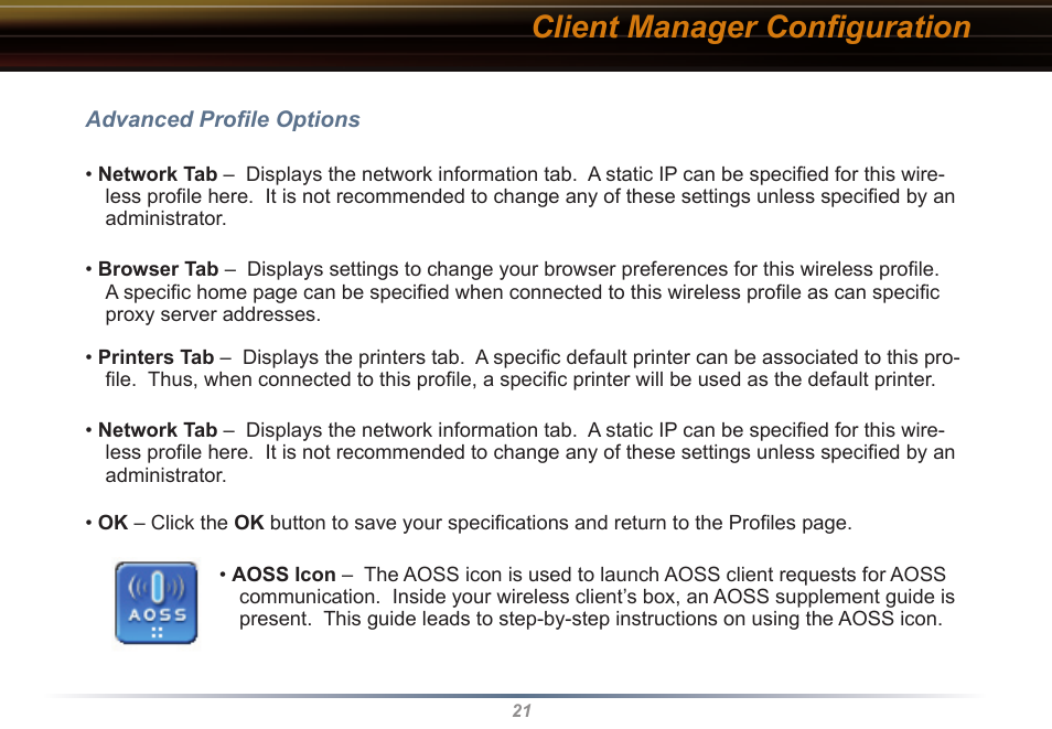 Client manager conﬁguration | Buffalo Technology WLI-CB-G54S User Manual | Page 21 / 40