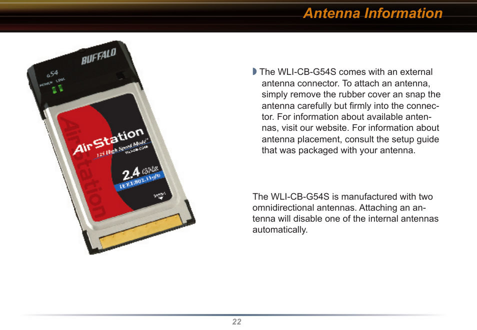 Antenna information | Buffalo Technology WLI-CB-G54S User Manual | Page 22 / 40