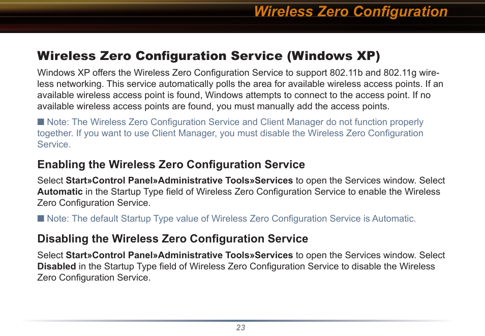 Wireless zero conﬁguration, Wireless zero conﬁguration service (windows xp) | Buffalo Technology WLI-CB-G54S User Manual | Page 23 / 40