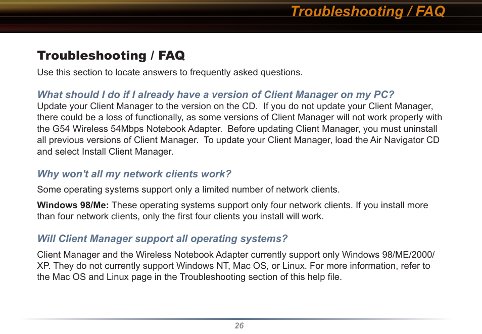 Troubleshooting / faq | Buffalo Technology WLI-CB-G54S User Manual | Page 26 / 40