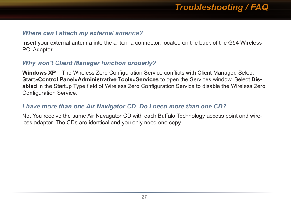 Troubleshooting / faq | Buffalo Technology WLI-CB-G54S User Manual | Page 27 / 40