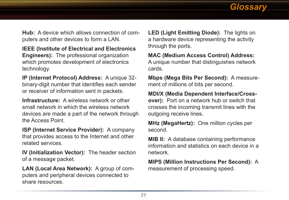 Glossary | Buffalo Technology WLI-CB-G54S User Manual | Page 31 / 40