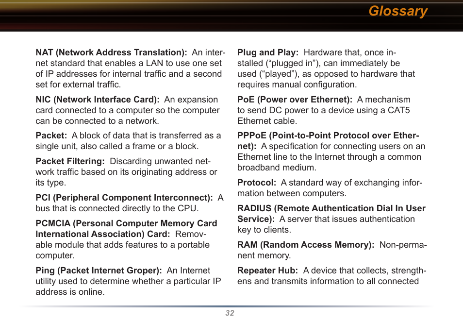 Glossary | Buffalo Technology WLI-CB-G54S User Manual | Page 32 / 40