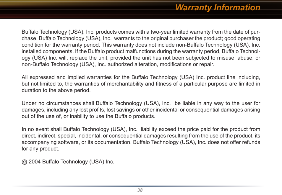 Warranty information | Buffalo Technology WLI-CB-G54S User Manual | Page 38 / 40