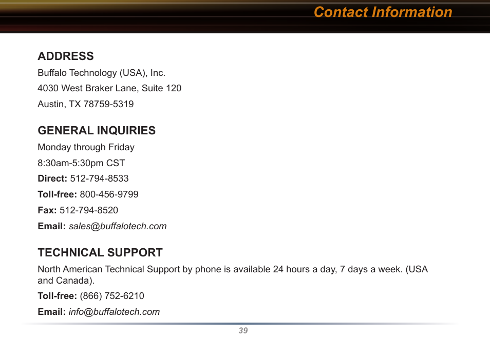 Contact information | Buffalo Technology WLI-CB-G54S User Manual | Page 39 / 40