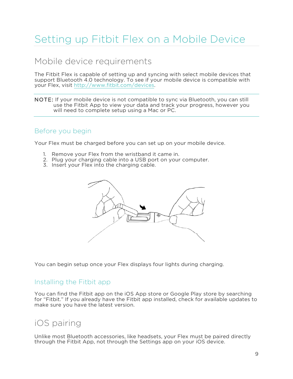 Mobile device requirements, Before you begin, Installing the fitbit app | Setting up fitbit flex on a mobile device, Ios pairing | Fitbit Flex User Manual | Page 13 / 37