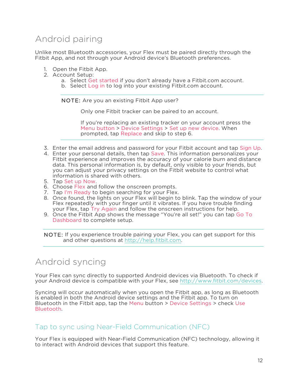 Android pairing, Android syncing, Tap to sync using near-field communication (nfc) | Fitbit Flex User Manual | Page 16 / 37
