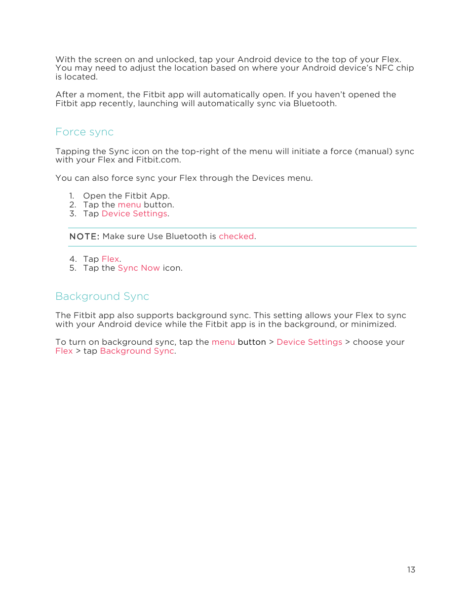 Force sync, Background sync | Fitbit Flex User Manual | Page 17 / 37