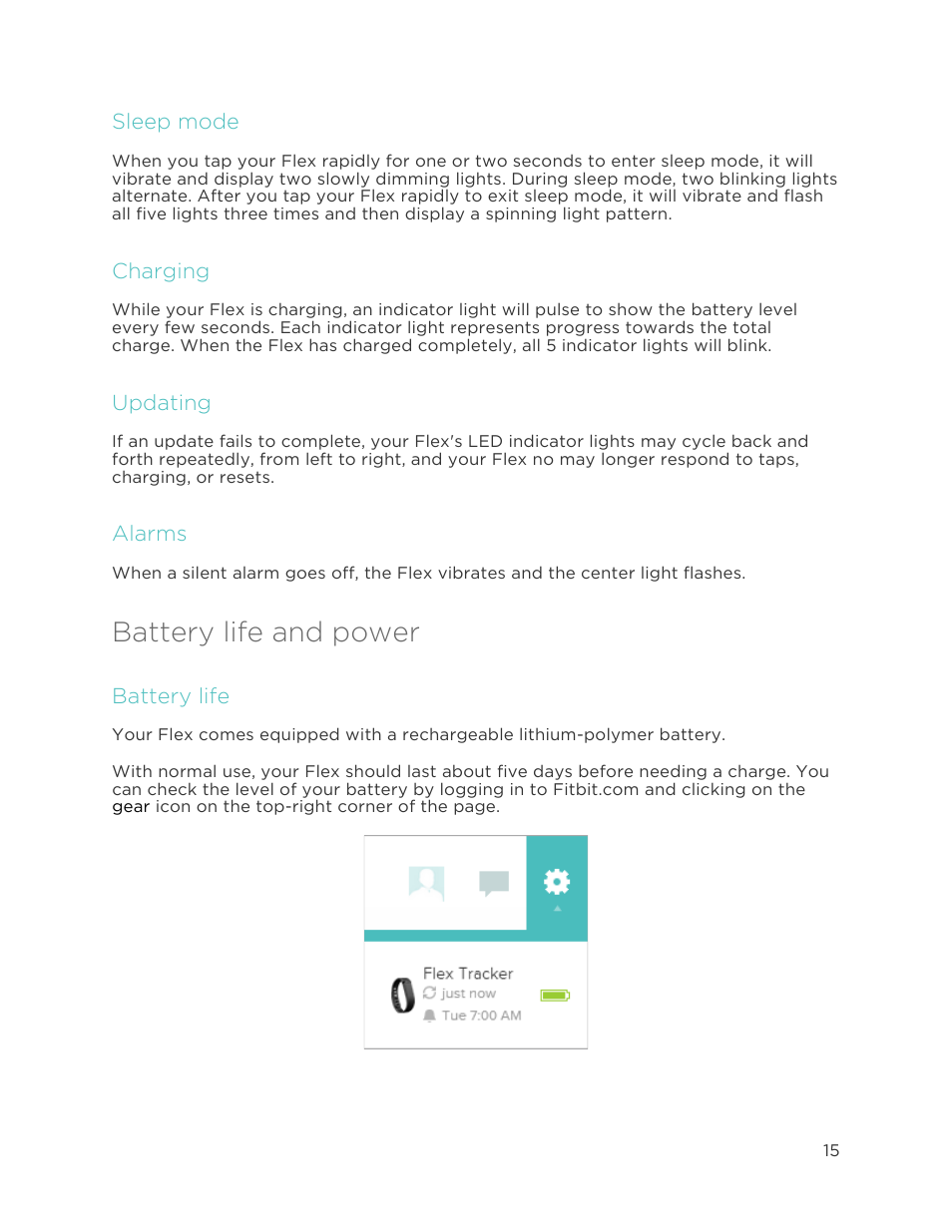 Sleep mode, Charging, Updating | Alarms, Battery life and power, Battery life | Fitbit Flex User Manual | Page 19 / 37