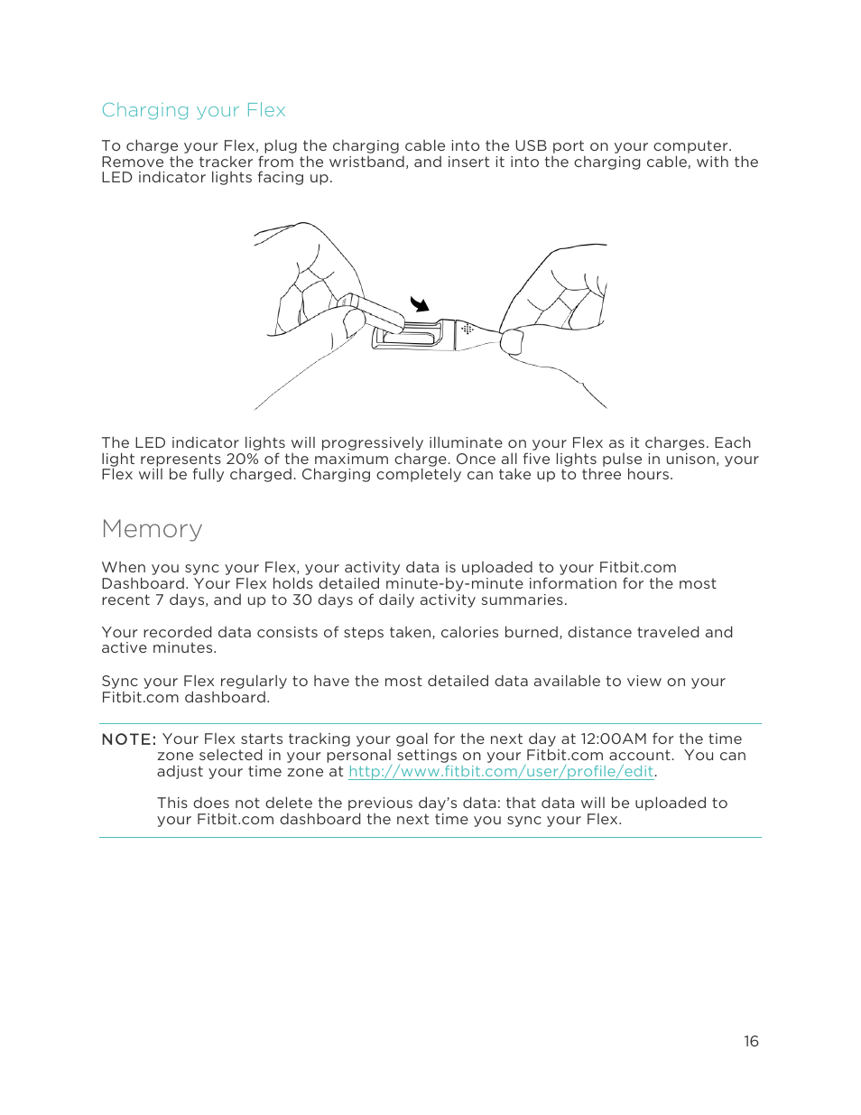 Charging your flex, Memory | Fitbit Flex User Manual | Page 20 / 37