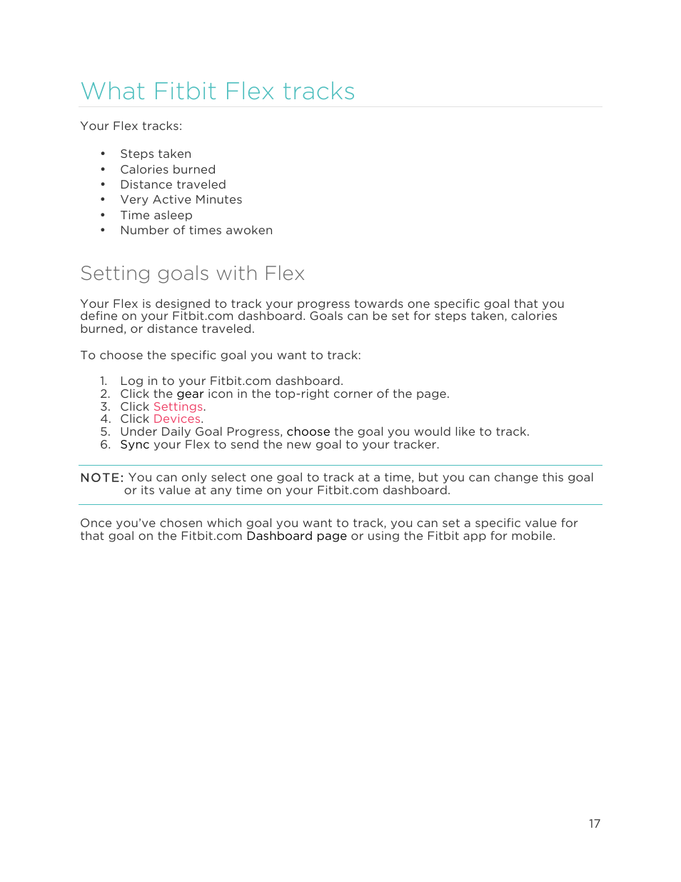 W h a t f i t b i t f l e x t r a c k s 7, Setting goals with flex, What fitbit flex tracks | Fitbit Flex User Manual | Page 21 / 37