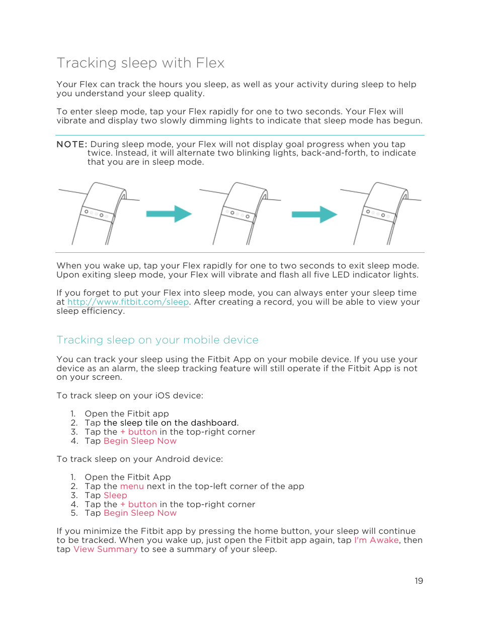 Tracking sleep with flex, Tracking sleep on your mobile device | Fitbit Flex User Manual | Page 23 / 37