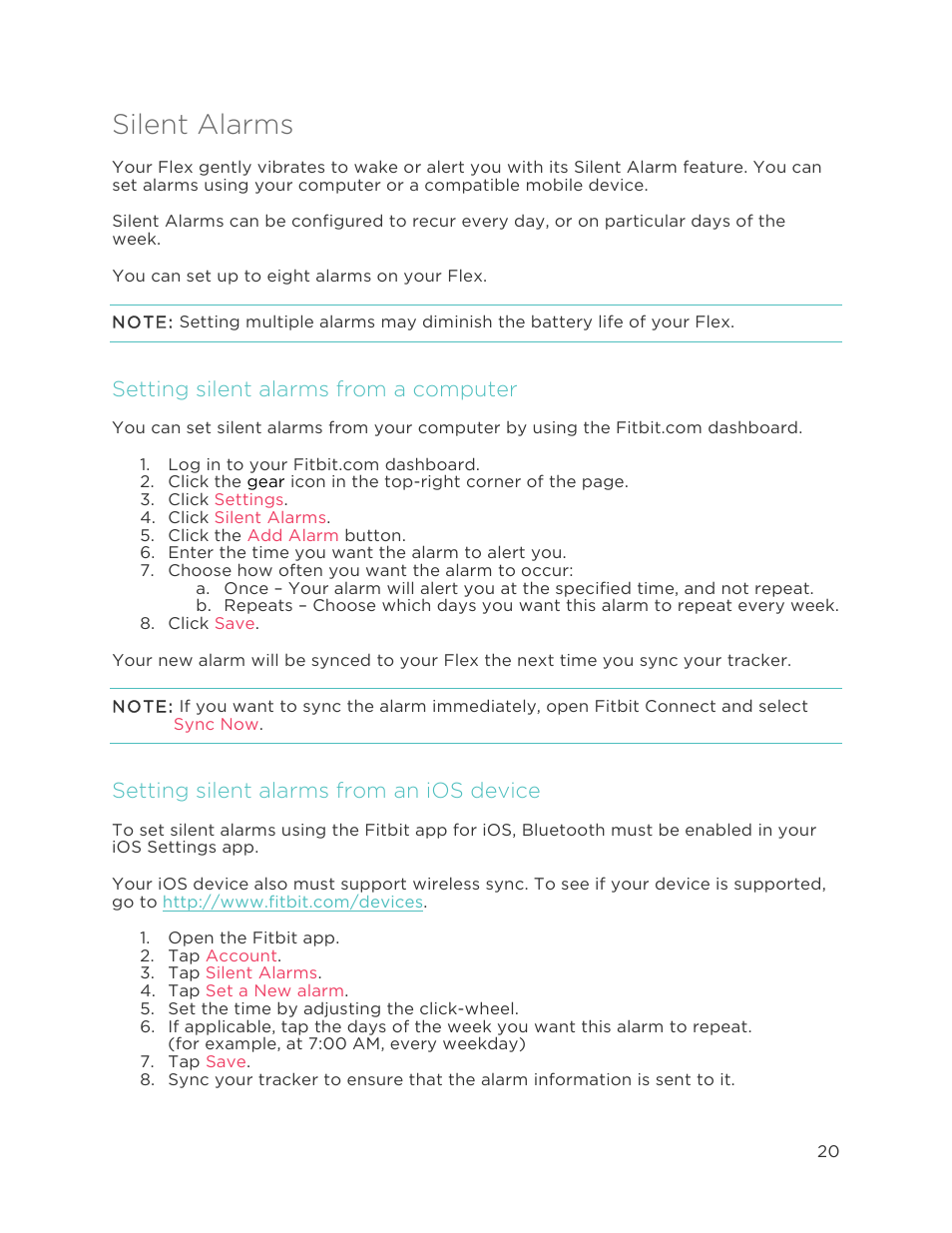 Silent alarms, Setting silent alarms from a computer, Setting silent alarms from an ios device | Fitbit Flex User Manual | Page 24 / 37