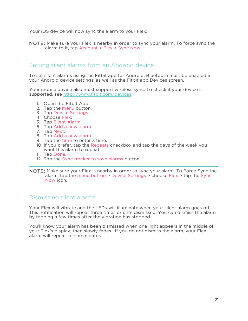 Setting silent alarms from an android device, Dismissing silent alarms | Fitbit Flex User Manual | Page 25 / 37