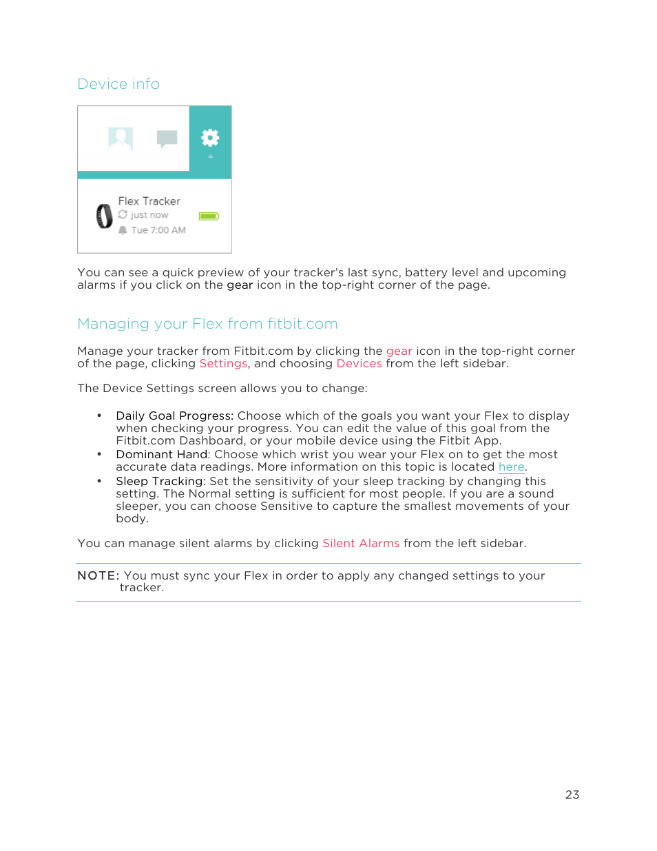 Device info, Managing your flex from fitbit.com | Fitbit Flex User Manual | Page 27 / 37
