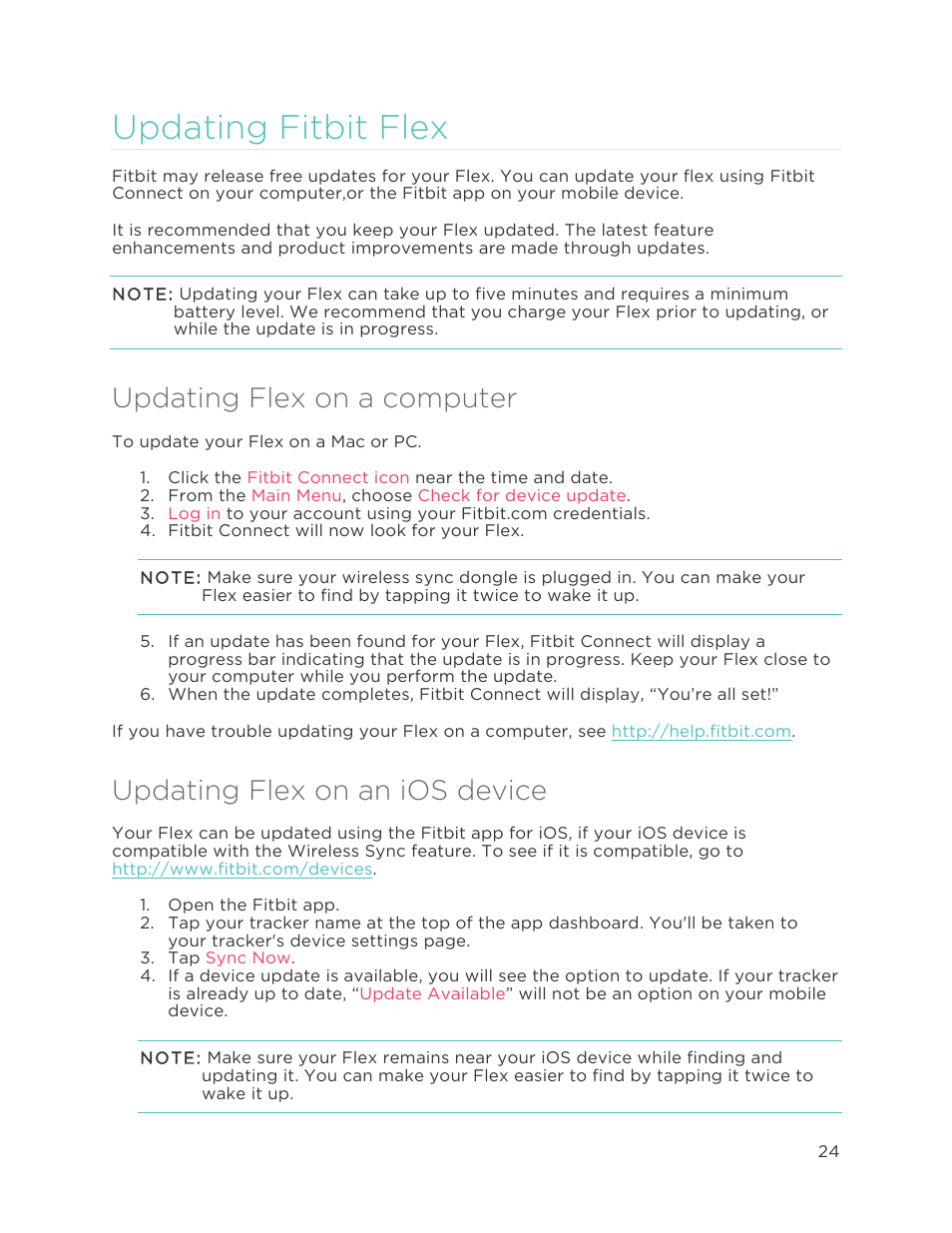 U p d a t i n g f i t b i t f l e x 4, Updating flex on a computer, Updating flex on an ios device | Updating fitbit flex | Fitbit Flex User Manual | Page 28 / 37