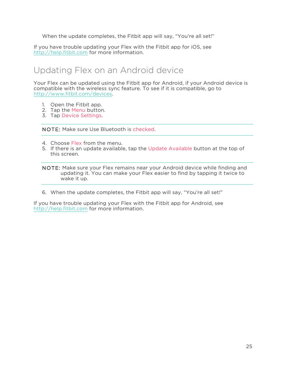 Updating flex on an android device | Fitbit Flex User Manual | Page 29 / 37