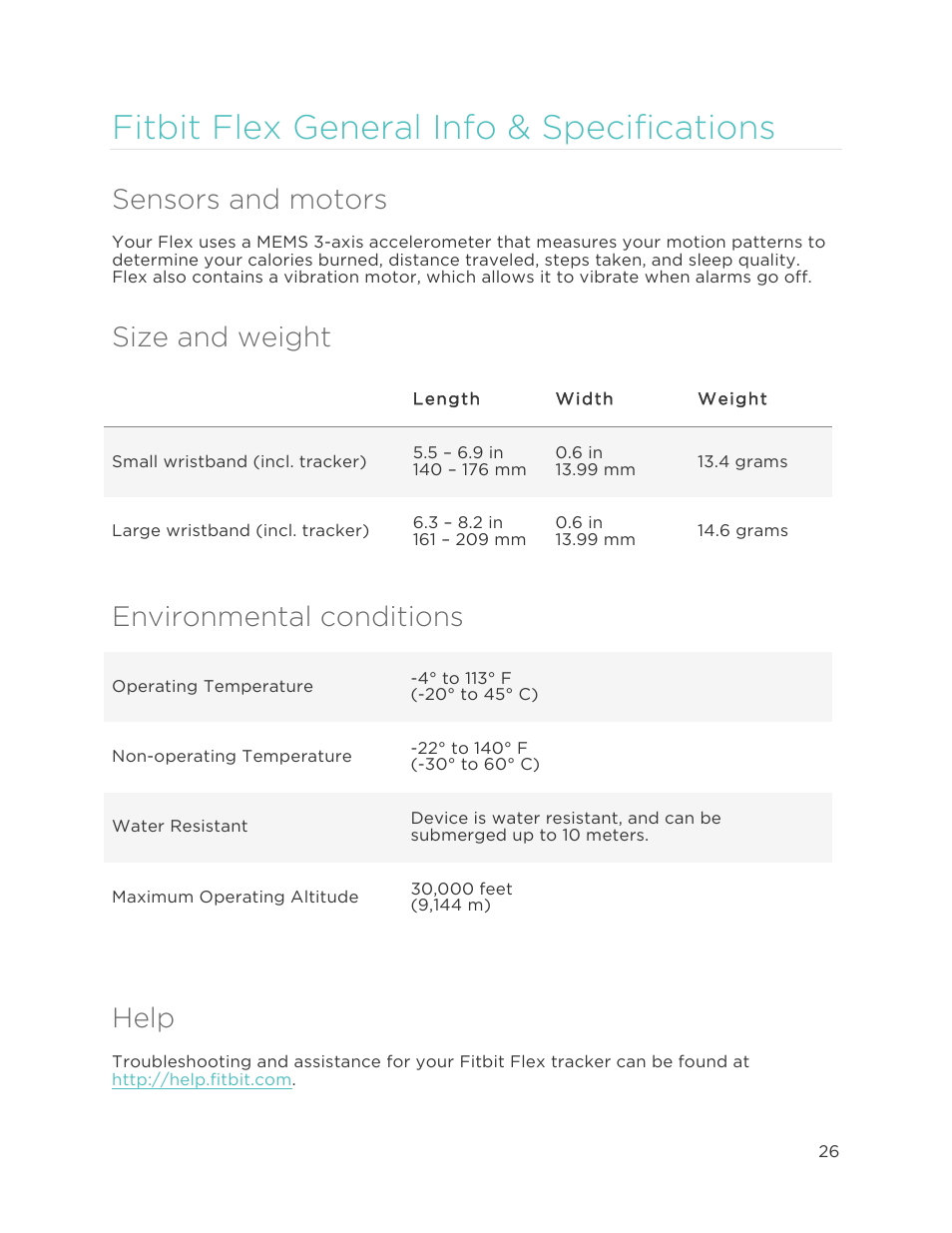 Sensors and motors, Size and weight, Environmental conditions | Fitbit flex general info & specifications, Help | Fitbit Flex User Manual | Page 30 / 37