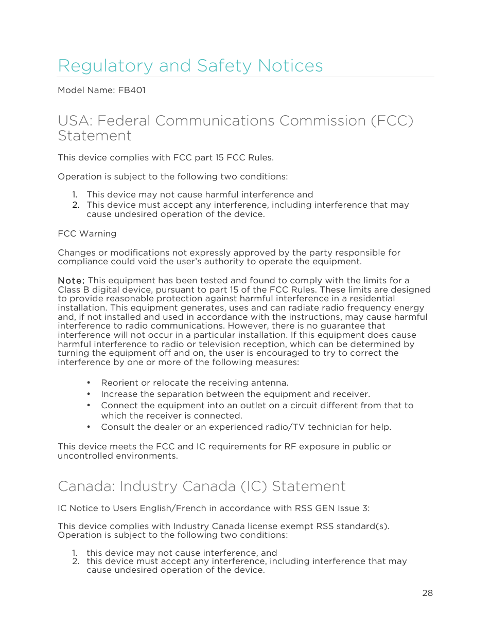 Regulatory and safety notices, Canada: industry canada (ic) statement | Fitbit Flex User Manual | Page 32 / 37