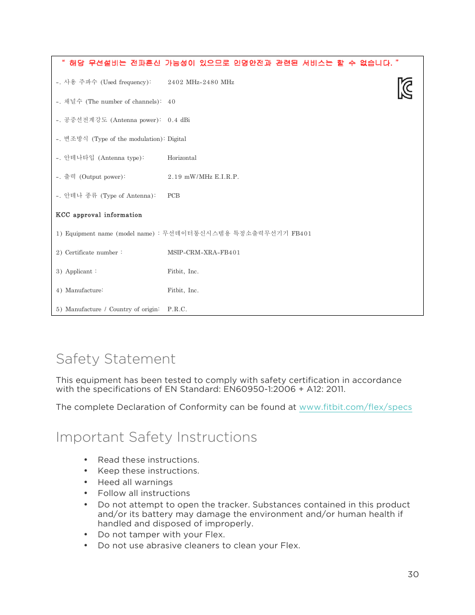 Safety statement, Important safety instructions | Fitbit Flex User Manual | Page 34 / 37