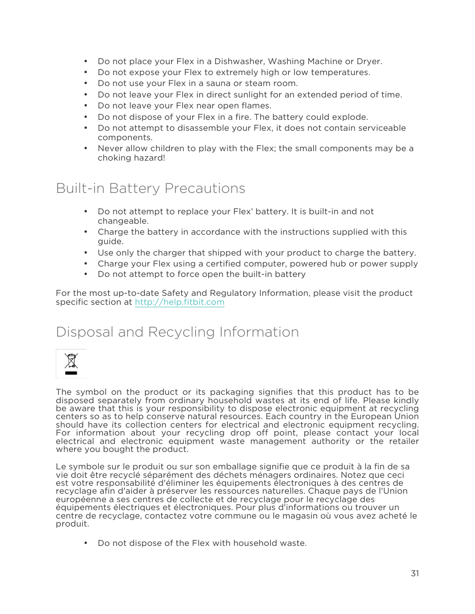 Built-in battery precautions, Disposal and recycling information | Fitbit Flex User Manual | Page 35 / 37