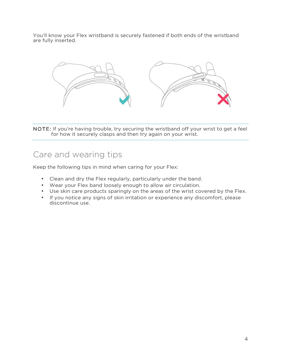 Care and wearing tips | Fitbit Flex User Manual | Page 8 / 37