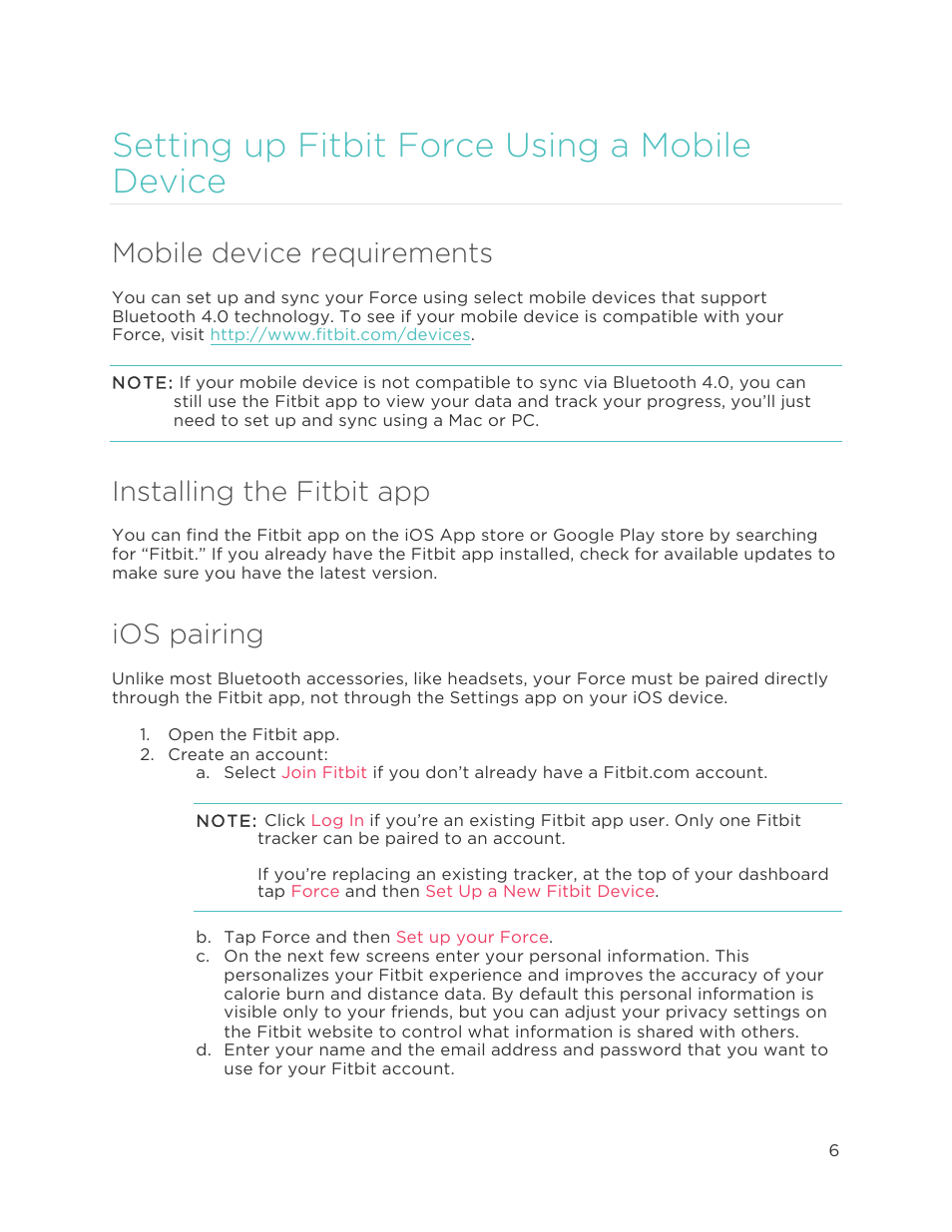 Setting up fitbit force using a mobile device, Mobile device requirements, Installing the fitbit app | Ios pairing | Fitbit Force User Manual | Page 10 / 33
