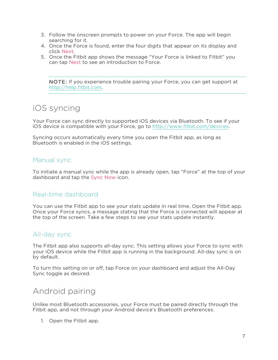 Ios syncing, Android pairing, Manual sync | Real-time dashboard, All-day sync | Fitbit Force User Manual | Page 11 / 33