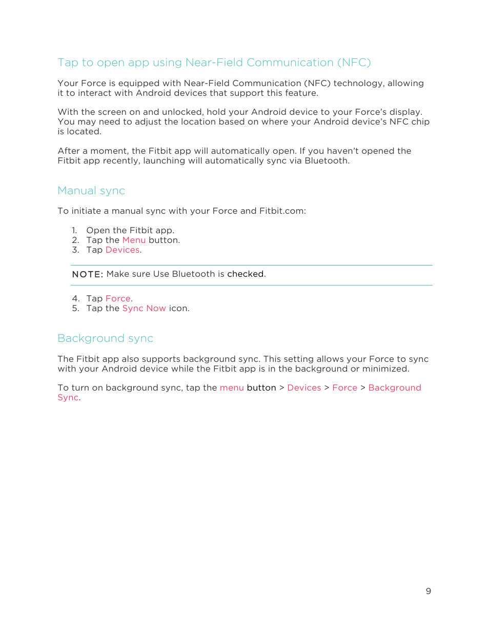 Manual sync, Background sync | Fitbit Force User Manual | Page 13 / 33