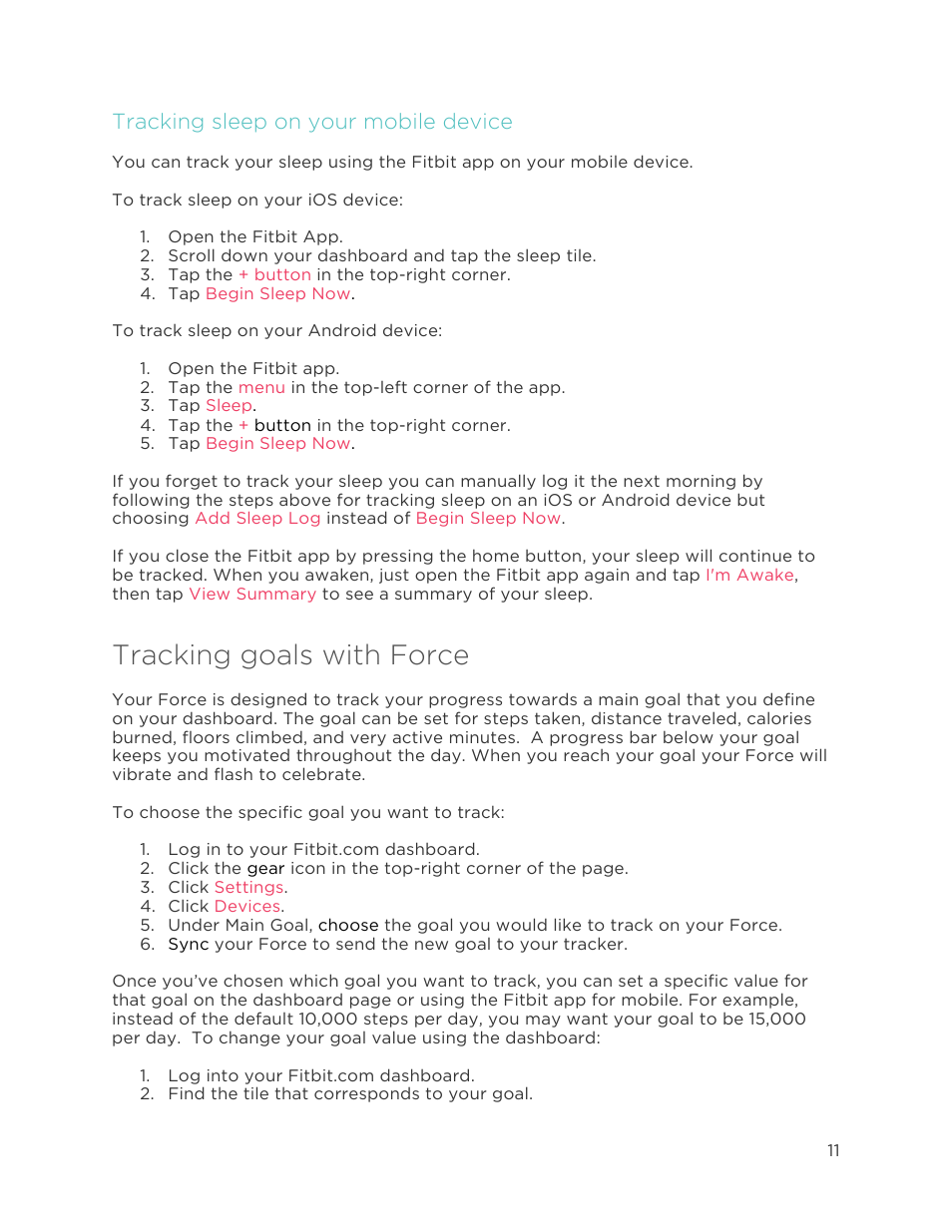 Tracking goals with force, Tracking sleep on your mobile device | Fitbit Force User Manual | Page 15 / 33