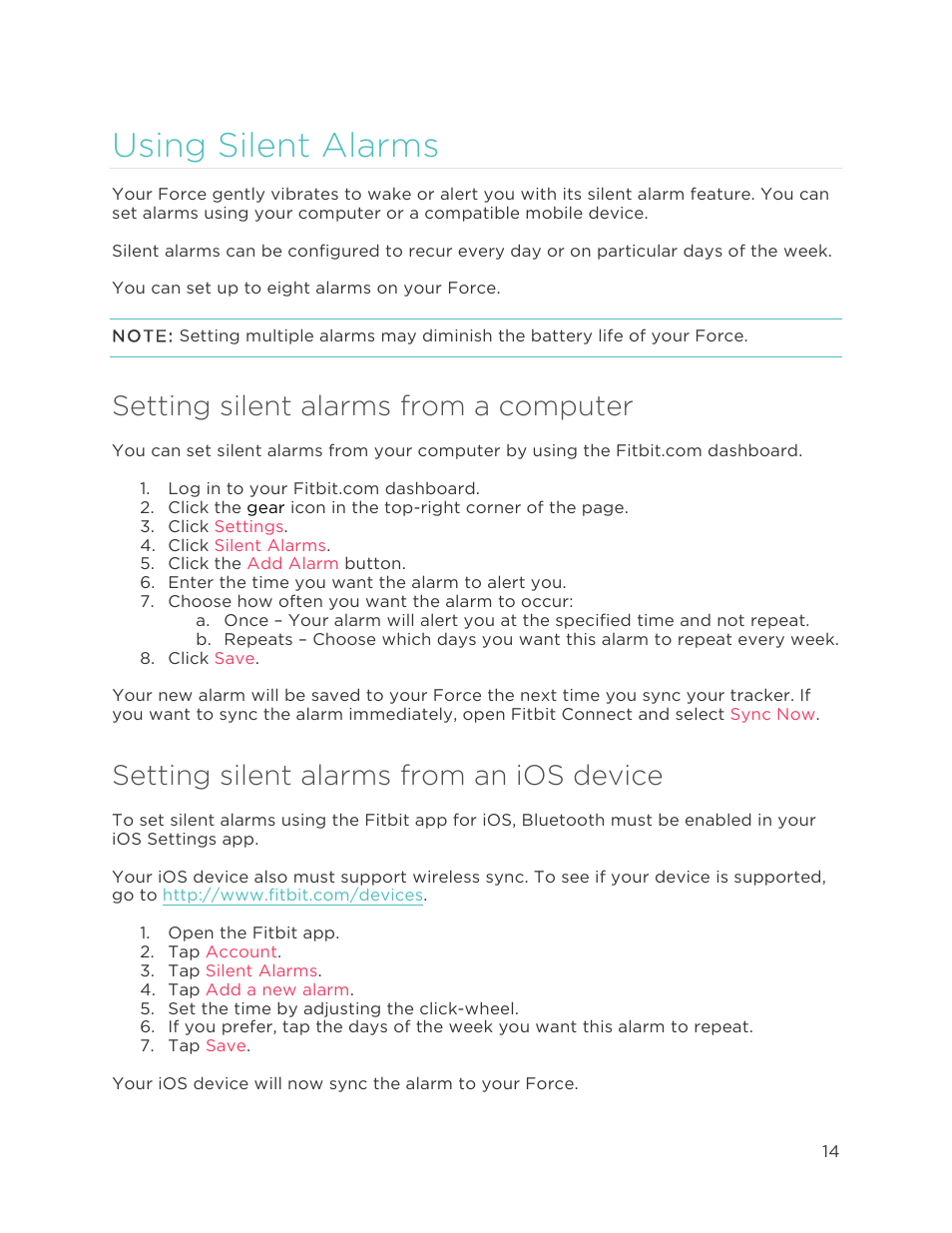 Using silent alarms, Setting silent alarms from a computer, Setting silent alarms from an ios device | Fitbit Force User Manual | Page 18 / 33