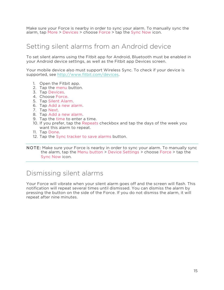 Setting silent alarms from an android device, Dismissing silent alarms | Fitbit Force User Manual | Page 19 / 33