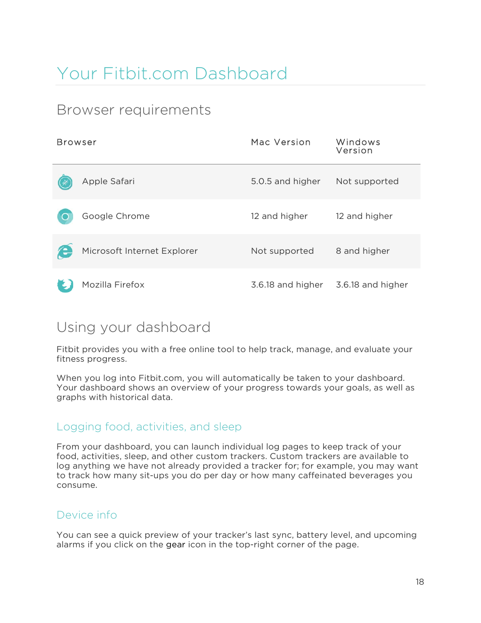 Browser requirements, Using your dashboard | Fitbit Force User Manual | Page 22 / 33