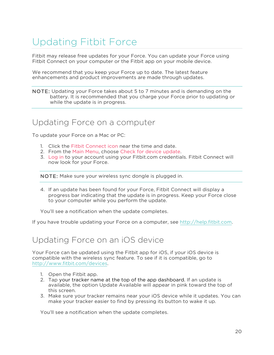 Updating fitbit force, Updating force on a computer, Updating force on an ios device | Fitbit Force User Manual | Page 24 / 33