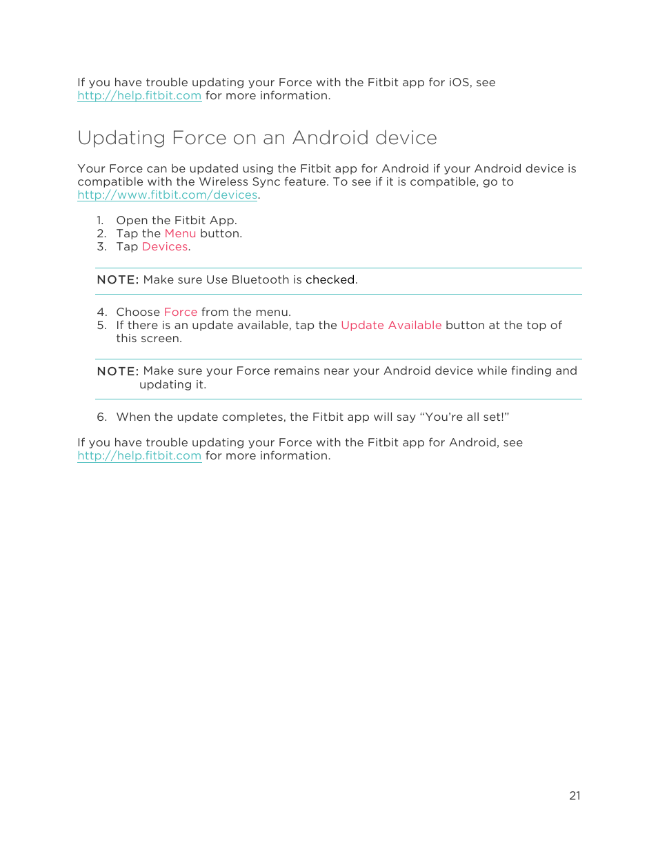 Updating force on an android device | Fitbit Force User Manual | Page 25 / 33