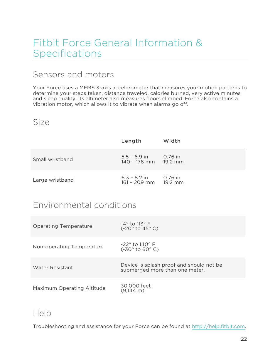 Fitbit force general information & specifications, Sensors and motors, Size | Environmental conditions, Help | Fitbit Force User Manual | Page 26 / 33