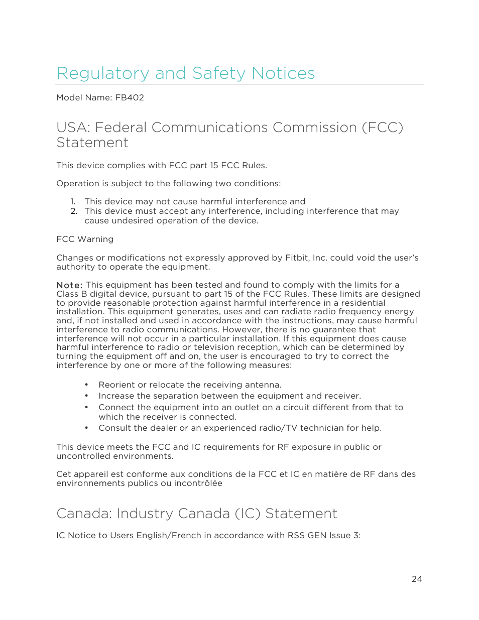 Regulatory and safety notices, Canada: industry canada (ic) statement | Fitbit Force User Manual | Page 28 / 33