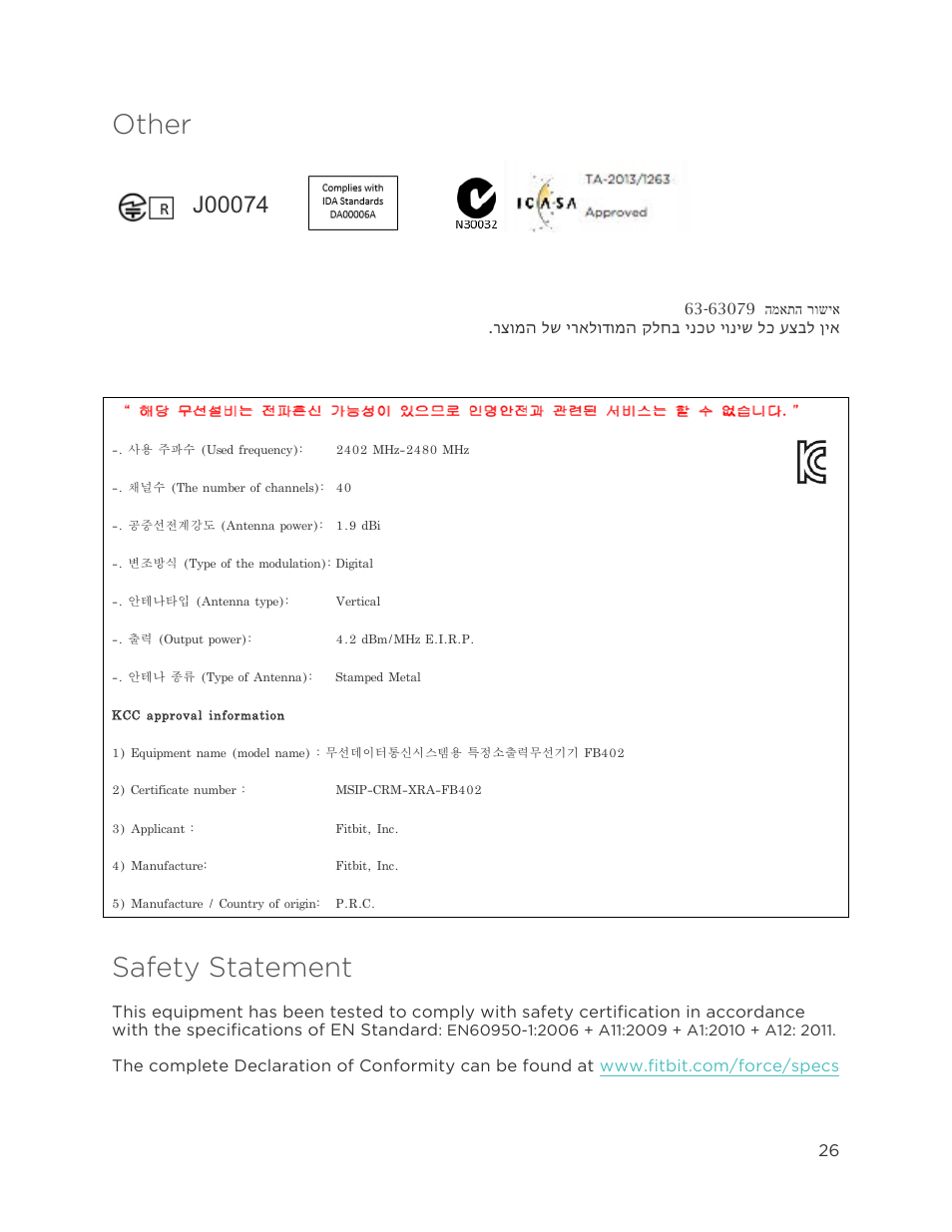 Other, Safety statement | Fitbit Force User Manual | Page 30 / 33