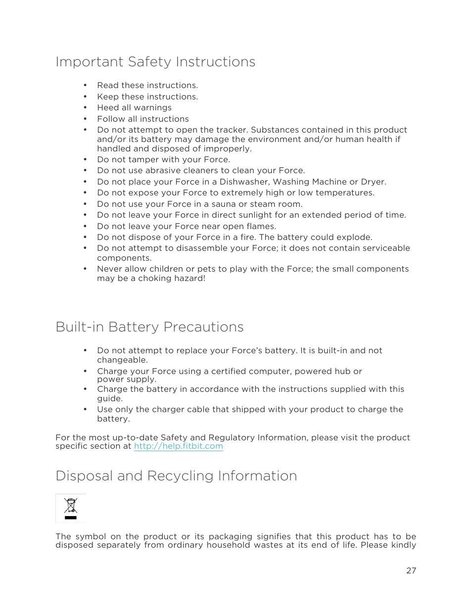 Important safety instructions, Built-in battery precautions, Disposal and recycling information | Fitbit Force User Manual | Page 31 / 33