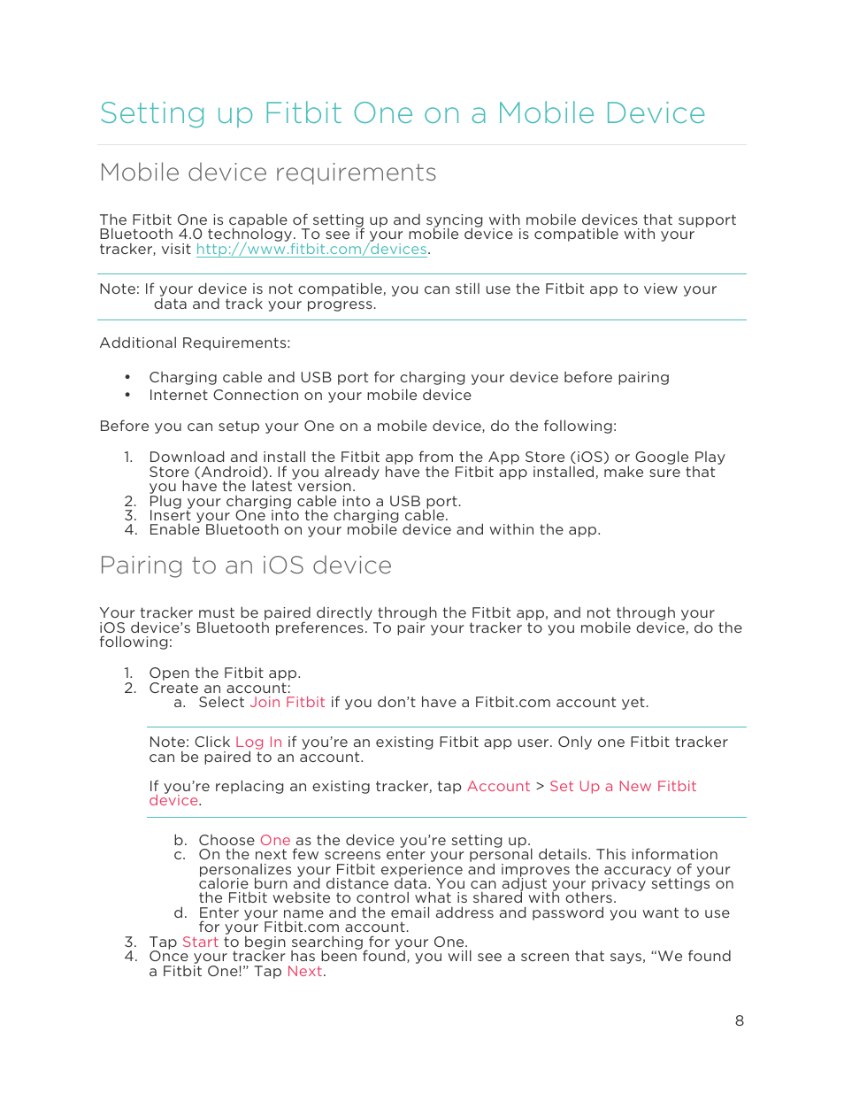 Setting up fitbit one on a mobile device, Mobile device requirements, Pairing to an ios device | Fitbit One User Manual | Page 12 / 33